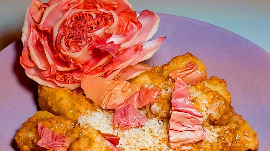 In Großaufnahme sieht man einen violetten Teller, auf dem Gnocchi mit dem Rosa Pesto angerichtet sind, darauf Parmesan, Stücke des rosa Radicchios und ein Herz des Radicchios.