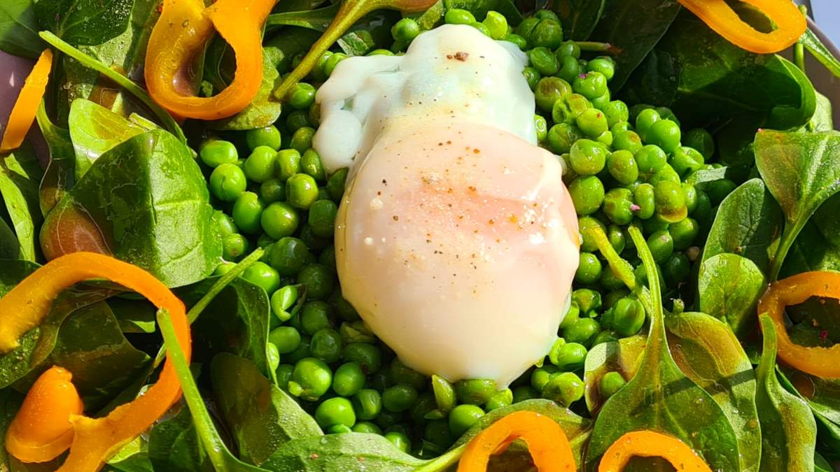 Großaufnahme von Erbsensalat mit Stunden-Ei: Man sieht das Onsen-Ei, die Erbsen, den Spinat und Ringe von orangen Paprika