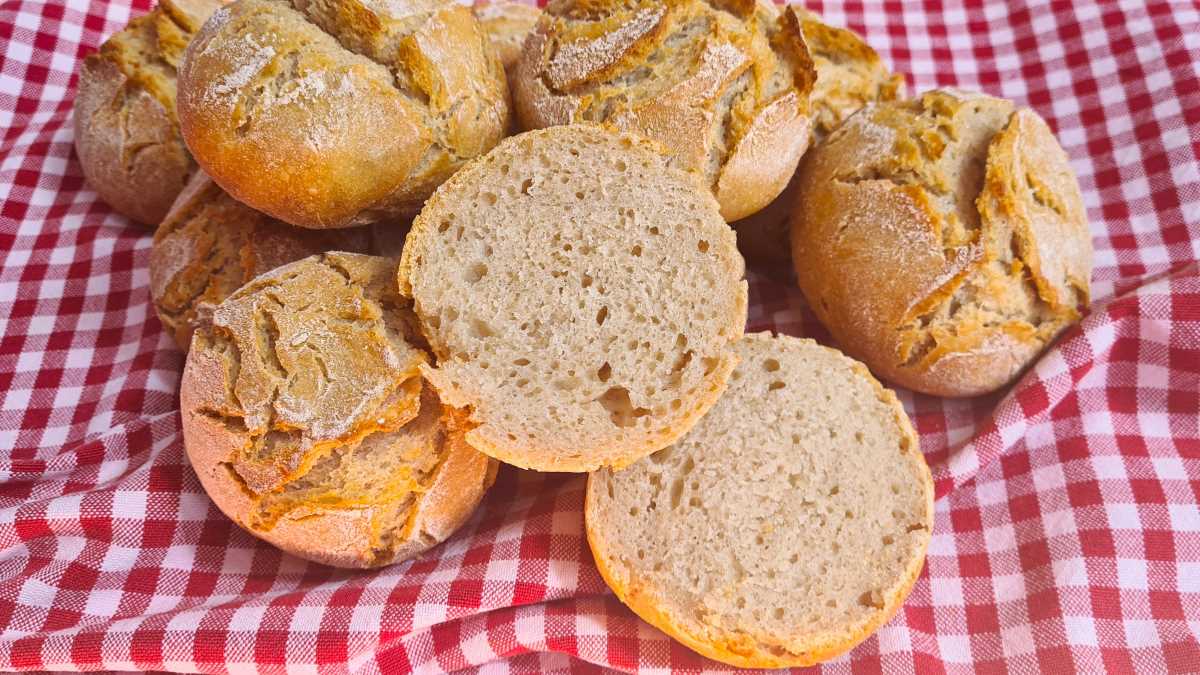 Wachauer Laberln Versuch Nummer 1: Auf kariertem Tuch liegen die kleinen Brötchen, eines ist aufgeschnitten. Auf dem ersten Blick ähneln sie dem Original, die Krume ist aber zu dunkel.