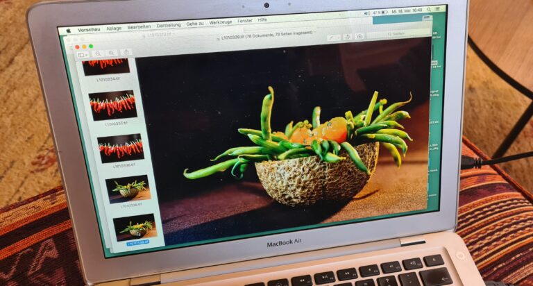 Auf dem Bildschirm eines Notebooks werden die Fotos kontrolliert, man sieht das Foto des künftigen Titelbildes vom Buch "Grosse Salate"