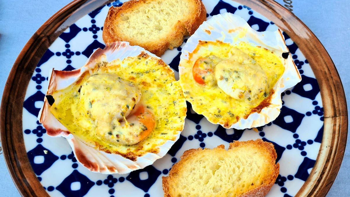 Gratinierte Jakobsmuscheln, hier zwei Stück mit einer Crème fraiche überbacken, daneben getoastete Weißbrotscheiben.