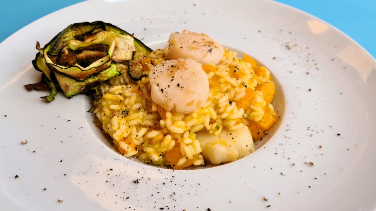 Auf dem tiefen Teller mit breiten Rand ist das Kürbis-Risotto mit Jakobsmuscheln angerichtet: Das gelbliche Risotto oben darauf die Jakobsmuscheln und am Tellerrand gebratenen Zucchinistreifen