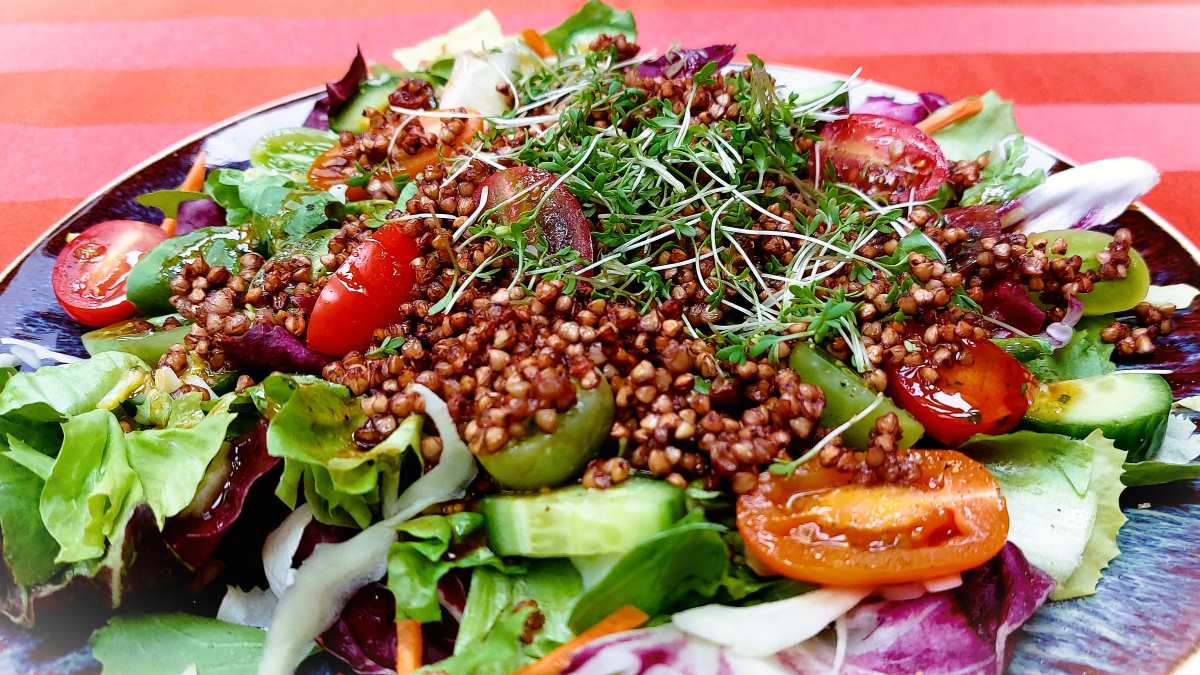 Knuspriger Buchweizen-Salat: Hier sieht man das Gericht angerichtet, die grünen Blätter, die Gurken- und Tomatenstücke sowie den knusprigen Buchweizen.