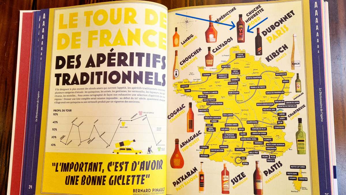 Aufgeschlagenes Buch mit Karte von Frankreich, auf der die wichtigsten regionalen Aperitife eingezeichnet sind. Chuche Mourette ist markiert.