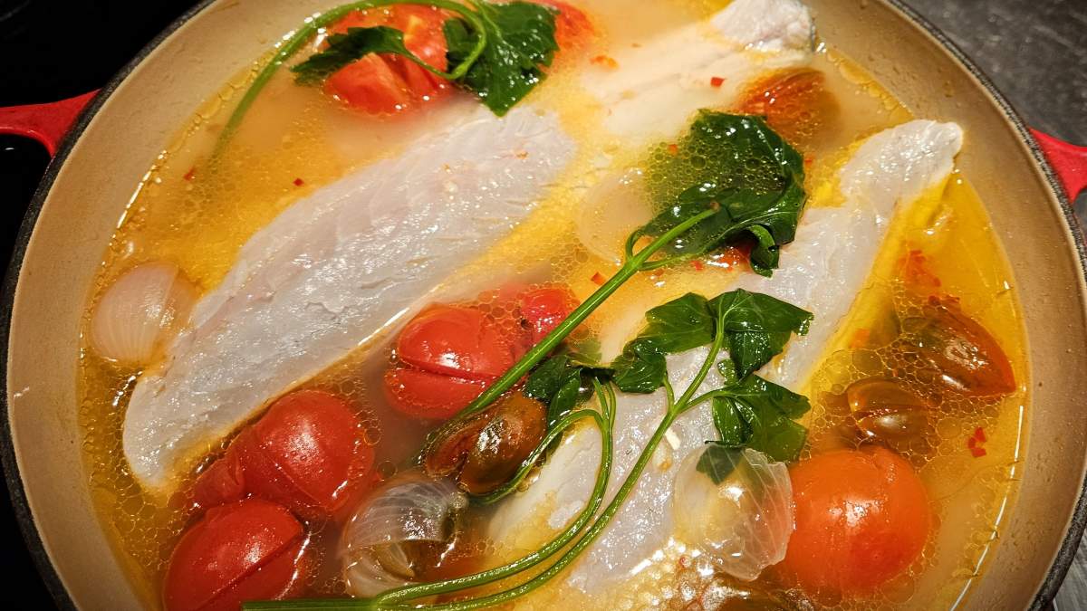 Fischfilet in Acqua Pazza: Das Bild zeigt die gusseiserne Pfanne, die Fischfilets im Sud mit den Tomaten, Knoblauchstücken, Petersilienzweigen und Zwiebeln.
