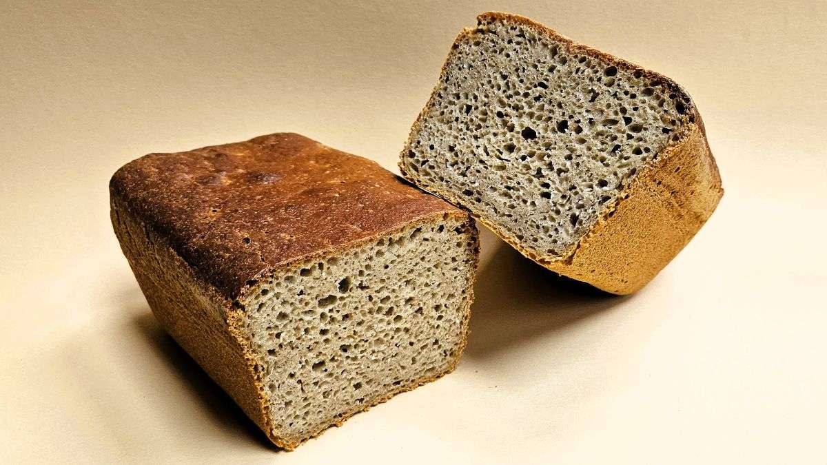 Kastenbrot Wilde Mischung aufgeschnitten, man sieht die Porung und die dunkle Farbe der Krume