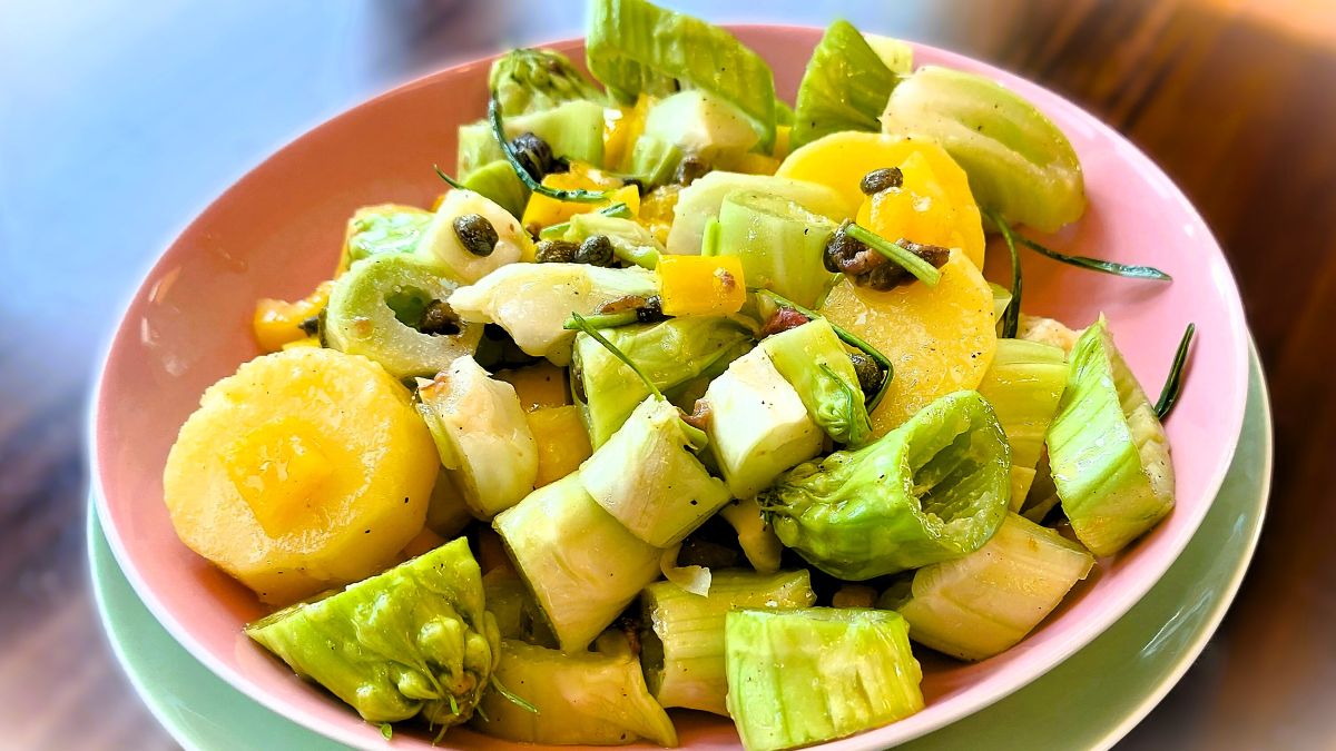 Wärmender Wintersalat mit Puntarella: Man sieht die Puntarella-Stücke, die Kartoffeln, Kapern und Paprikastückchen auf einem rosa Teller