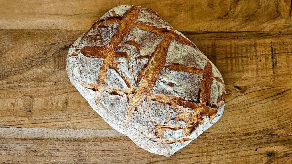 Das Bild zeigt einen Laib Brot nach der Lievito-Madre-Brotformel in eckiger Form, die Einschnitte der Kruste sind regelmäßig.